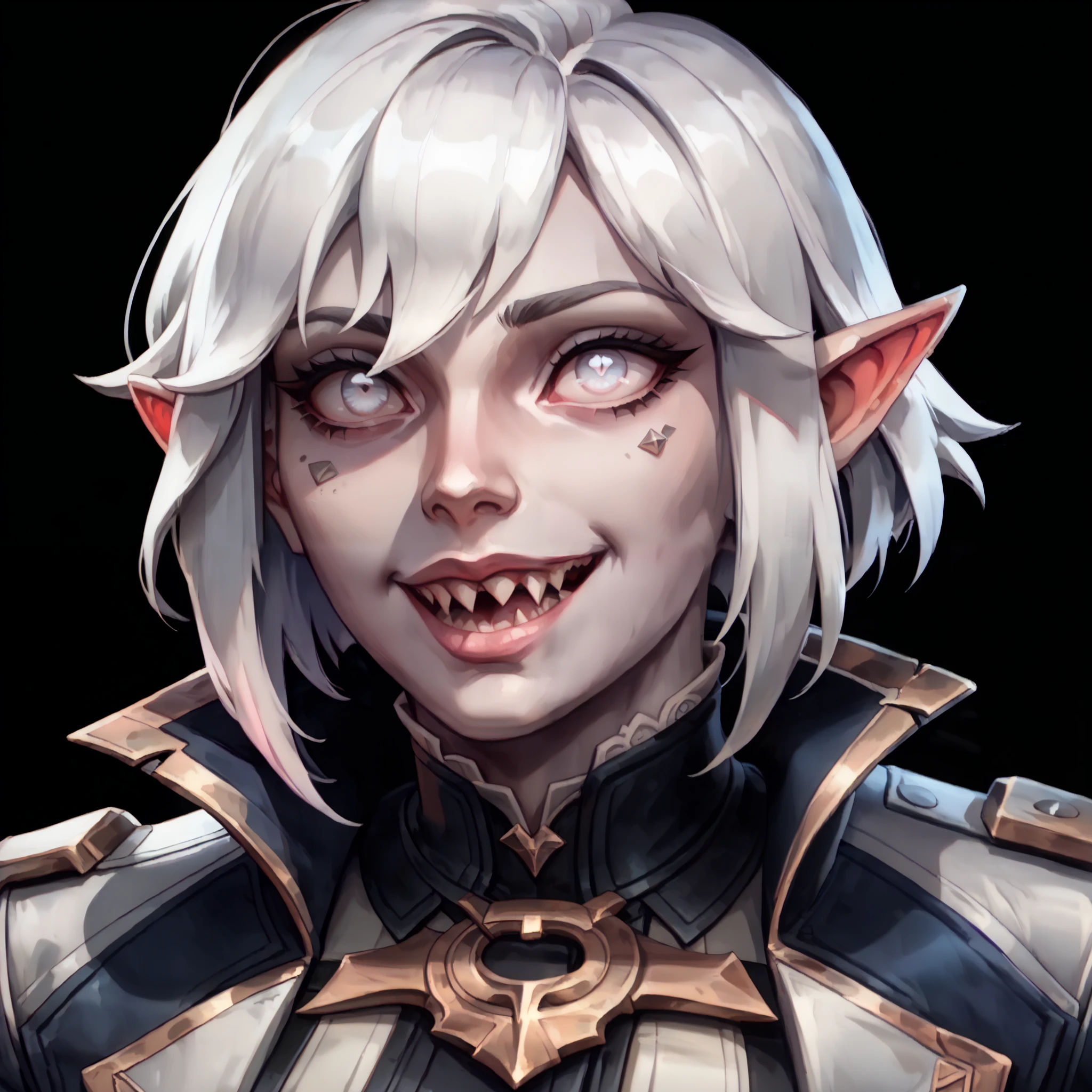 one woman, briar from league of legends, (pale eyes:1.2), (grey skin:1.2), bob haircut, white hair, pointy ears, sharp teeth, (upper body:1.3), (black background, clear background:1.5), (grey military jacket:1.2), (studio lights, deep shadows:1.3), (big chest:1.2), (joyful face, horny face:1.2)