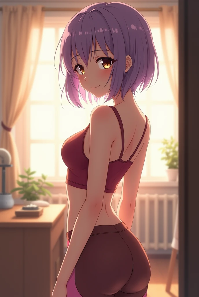 17 years, Young woman, light skin tone, short purple hair, Bright purple eyes, slender body, small breasts, stands on the threshold and looks at you, she is wearing only shorts, and the chest is bare