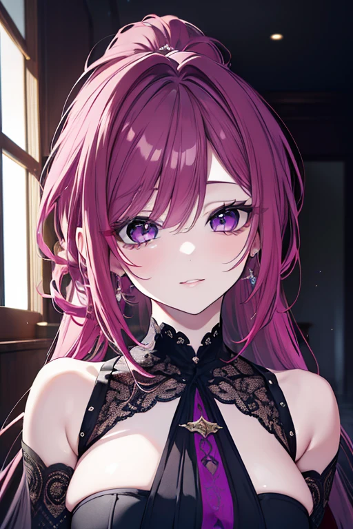 best quality,4K,High Resolution),ultradetailliert,realistisch,portrait, purple with dark red hair succubus in a purple and dark red spring dress with gold embellishments, leuchtende Farben, delicate features, seductive glance, charming smile, wallende Haare, Sanfte Beleuchtung