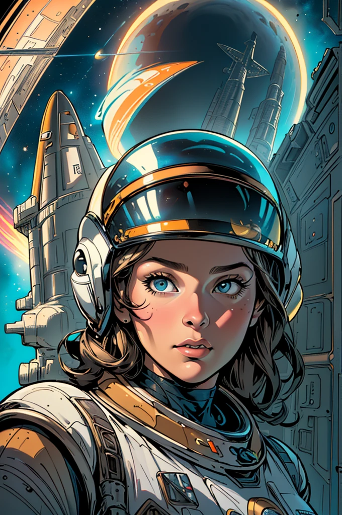 (((Top Quality Masterpiece ))),(((solo:1.2))),((( 1 woman :1.2))), 32K Highly Detailed Wallpaper , Retro Vintage Style ,(dynamic Angles),((( overwhelming highlights))),((most complex machine)),American Comics Touch , 80s space thriller movie poster,(((Detailed and perfect woman ))),((( bust up))),(((full face helmet space shuttle infinity satellite)))