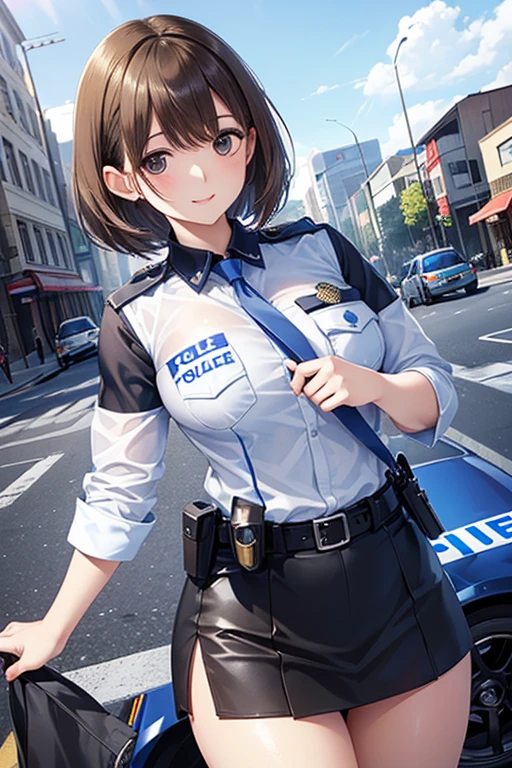 masterpiece, best quality, highres, cchana, long hair, brown hair, whisker markings, police hat, white headwear, police uniform, striped necktie, blue shirt, collared shirt, breast pocket, long sleeves, white gloves, belt, black pants, <lora:d.va_v1:0.8>, smile, cowboy shot, standing, street, arms at sides,