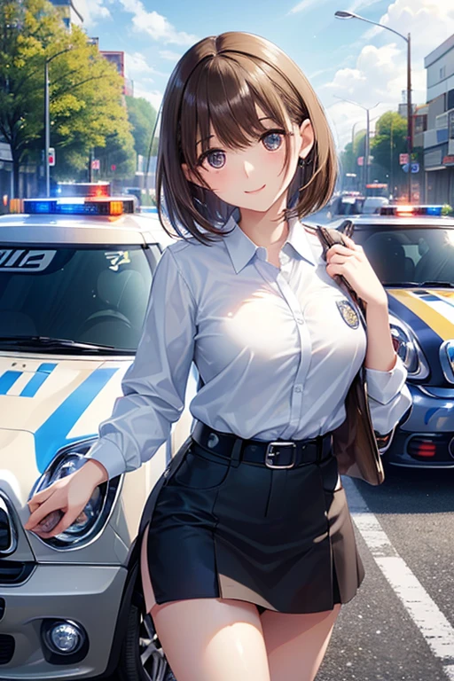 anegasaki nene、 shiny chestnut hair ,  shorthair , ( brown pretty eyes 、 sparkling eyes , Fine grain)、smile、 super detailed eyes、 very detailed face ,  highly detailed eyes ,(masterpiece:1.3), cowboy shot, (Only one woman, Alone)、


((  Top Quality  、mini police car  、traffic management )), ((  miniskirt、police officer、 )), Slender Woman、glass、
