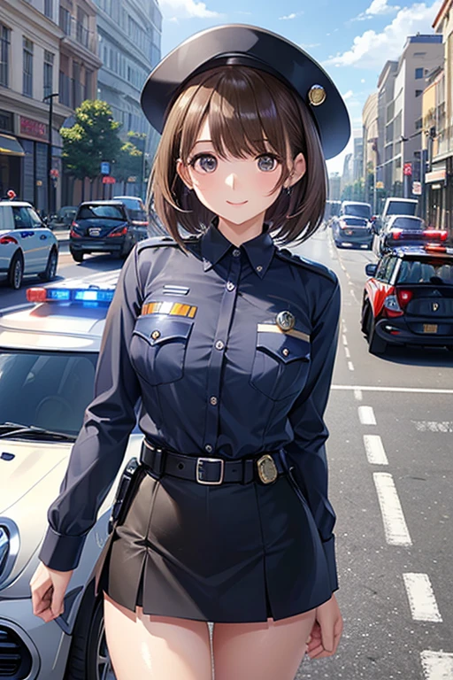 anegasaki nene、 shiny chestnut hair ,  shorthair , ( brown pretty eyes 、 sparkling eyes , Fine grain)、smile、 super detailed eyes、 very detailed face ,  highly detailed eyes ,(masterpiece:1.3), cowboy shot, (Only one woman, Alone)、


((  Top Quality  、mini police car  、traffic management )), ((  miniskirt、police officer、 )), Slender Woman、glass、
