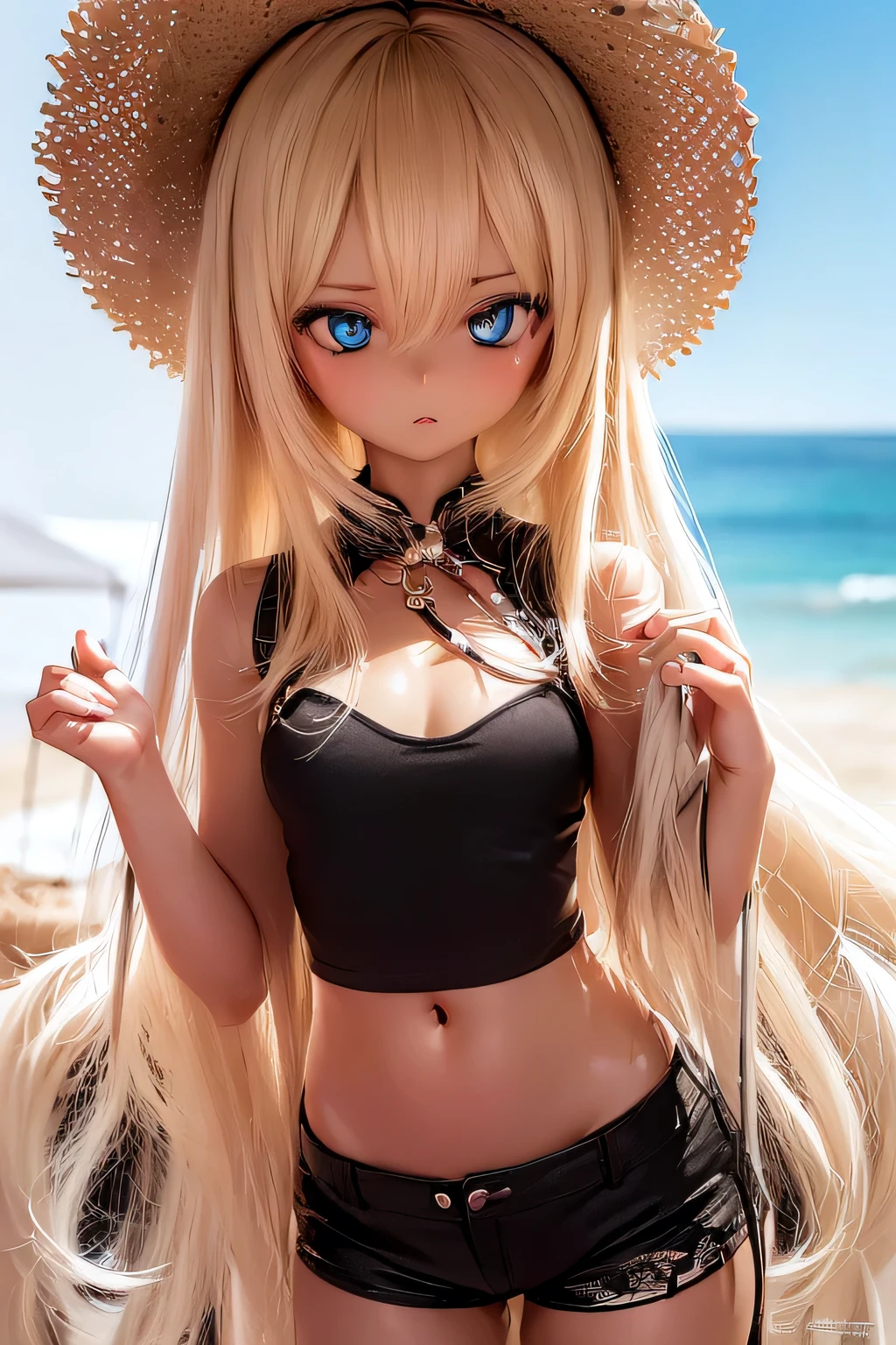 photorealistic, realistic photo, 8k, Canon EOS, ((highest quality)), ((masterpiece)), (extremely detailed), kukolnydom, doll, shiny skin, (dark skin:2), (stylish pose, beach, straw hat, black camisole, shorts, mature woman, 21yo, 21_years_old, solo:1.6), (medium breasts, parted lips, blonde hair, long hair, two side up, looking above, blank stare, blue eyes, glass eyes, shining eyes, detailed face:1.3)