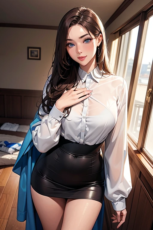 (best quality), (masterpiece), 1 girl, early 20's, small breasts, busty, perky breasts, thick, thick lips, wide hips, thin waist, flat chested, bra visible through clothes, white shirt, see through