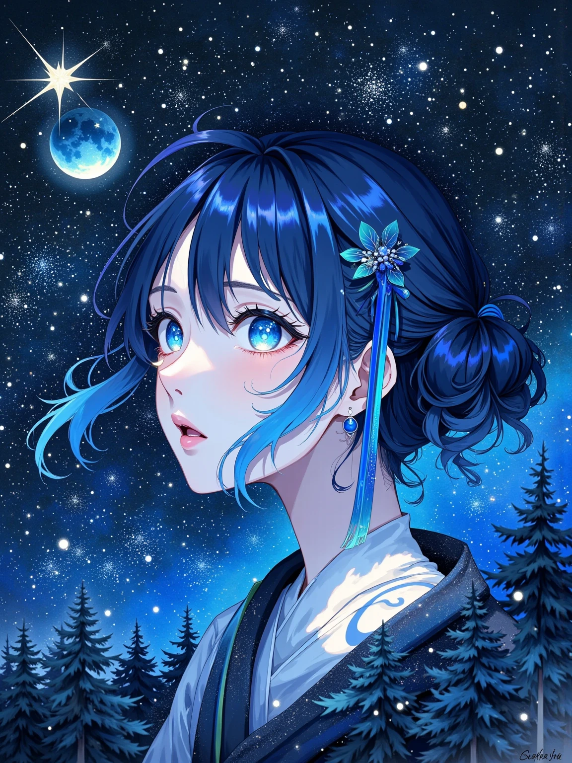 illustration， minimalism， Surrealism ，Chinese style，advanced，Contrasting colors，Weird Aesthetics ，Chinese aesthetics，Melancholy， atmosphere under the stars， A cosmic roaming rhapsody ，The portrait is blue ， with a blue hairpin ， blue mixed with black ，Blue is a light born in darkness，Light Sensitivity， atmosphere under the stars