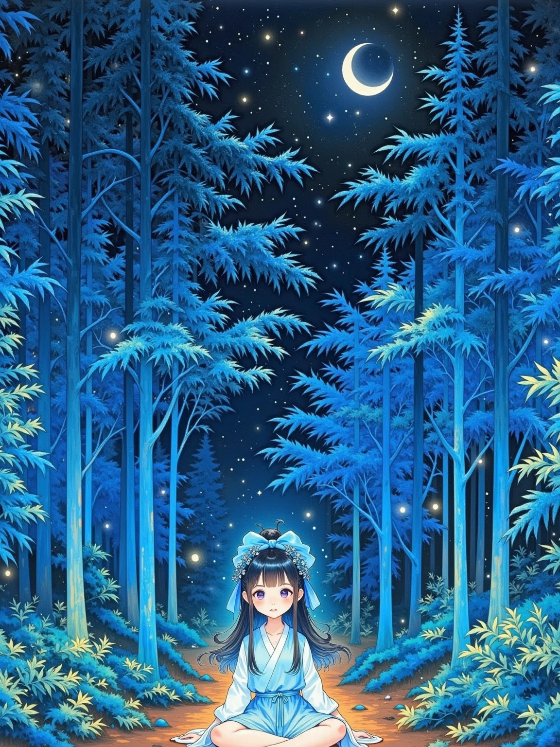 illustration， minimalism， Surrealism ，Chinese style，advanced，Contrasting colors，Weird Aesthetics ，Chinese aesthetics，Melancholy， atmosphere under the stars， A cosmic roaming rhapsody ，The portrait is blue ， with a blue hairpin ， blue mixed with black ，Blue is a light born in darkness，Light Sensitivity， atmosphere under the stars