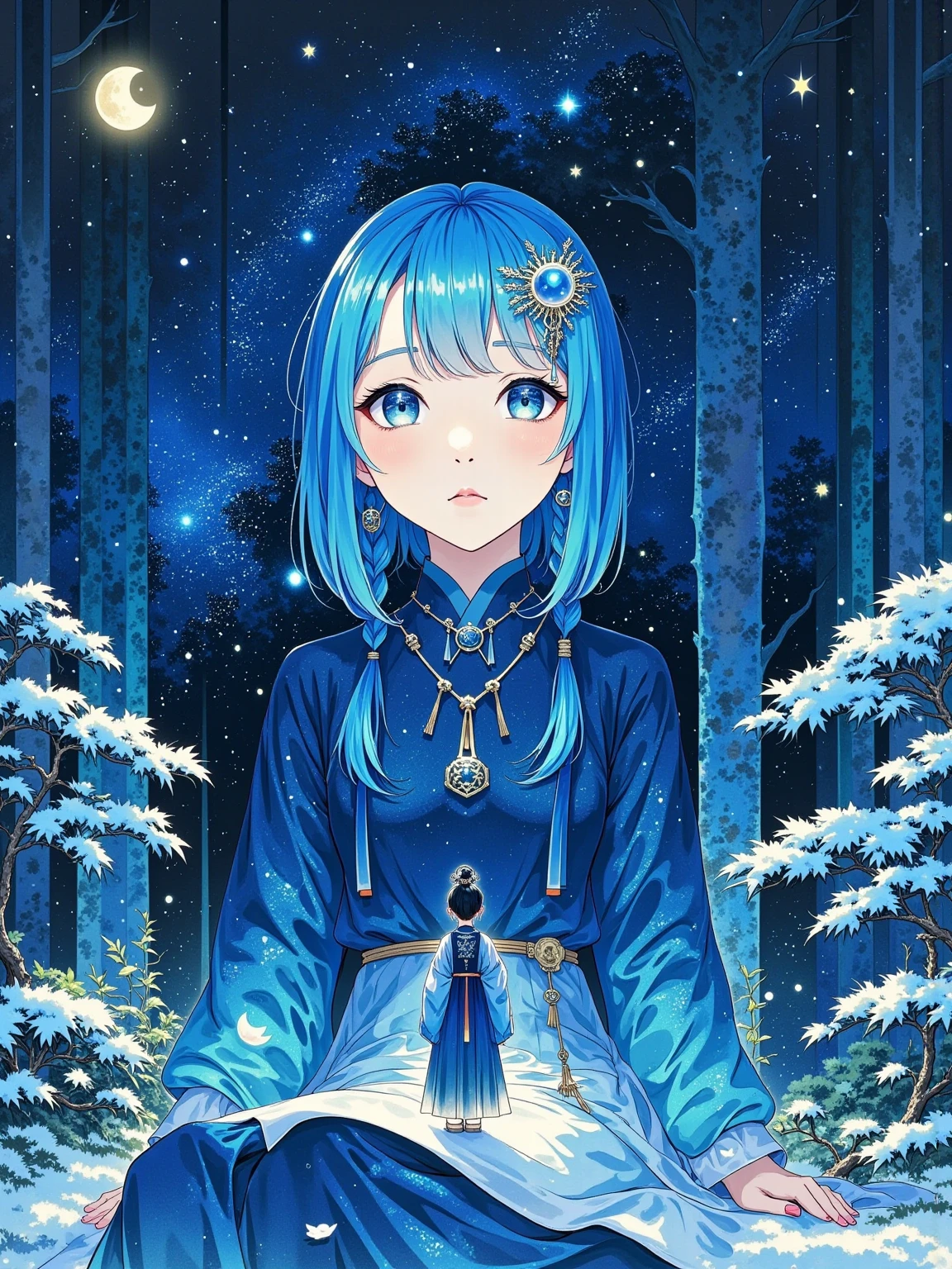 illustration， minimalism， Surrealism ，Chinese style，advanced，Contrasting colors，Weird Aesthetics ，Chinese aesthetics，Melancholy， atmosphere under the stars， A cosmic roaming rhapsody ，The portrait is blue ， with a blue hairpin ， blue mixed with black ，Blue is a light born in darkness，Light Sensitivity， atmosphere under the stars