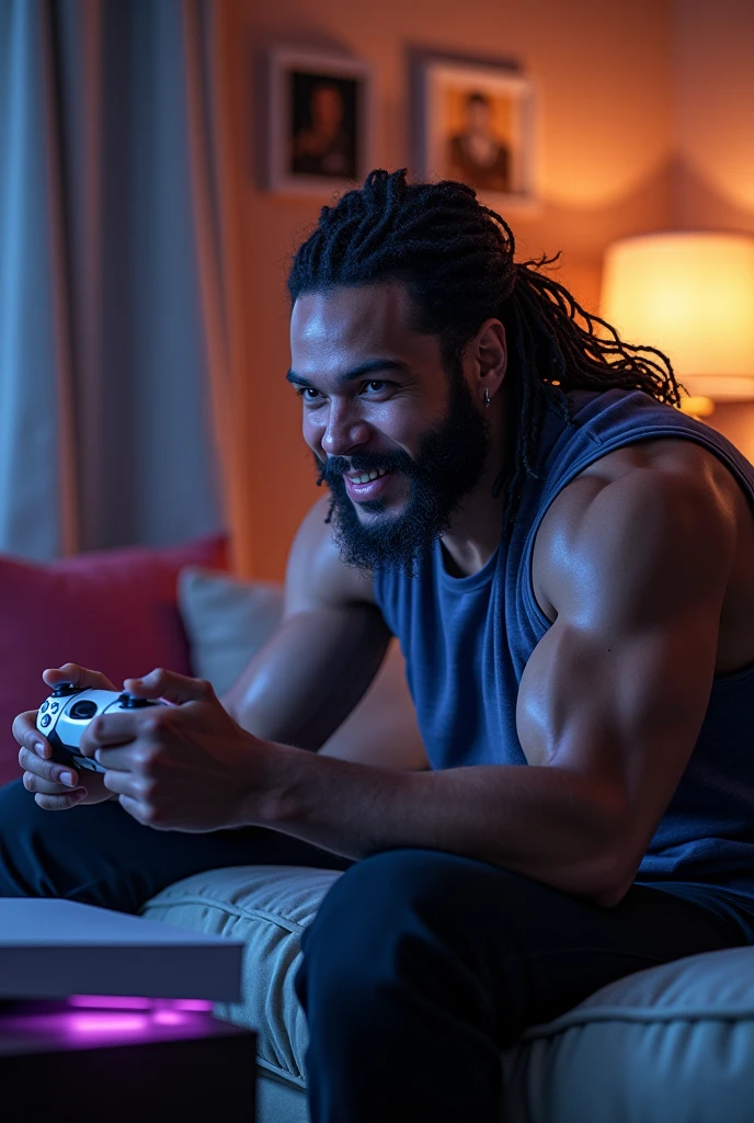 African American man with dreads with athletic build playing video games in his man cave