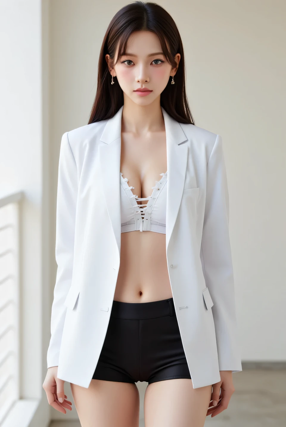 Young lady on crutches,White skinny suit,showing her belly,white pantyhose