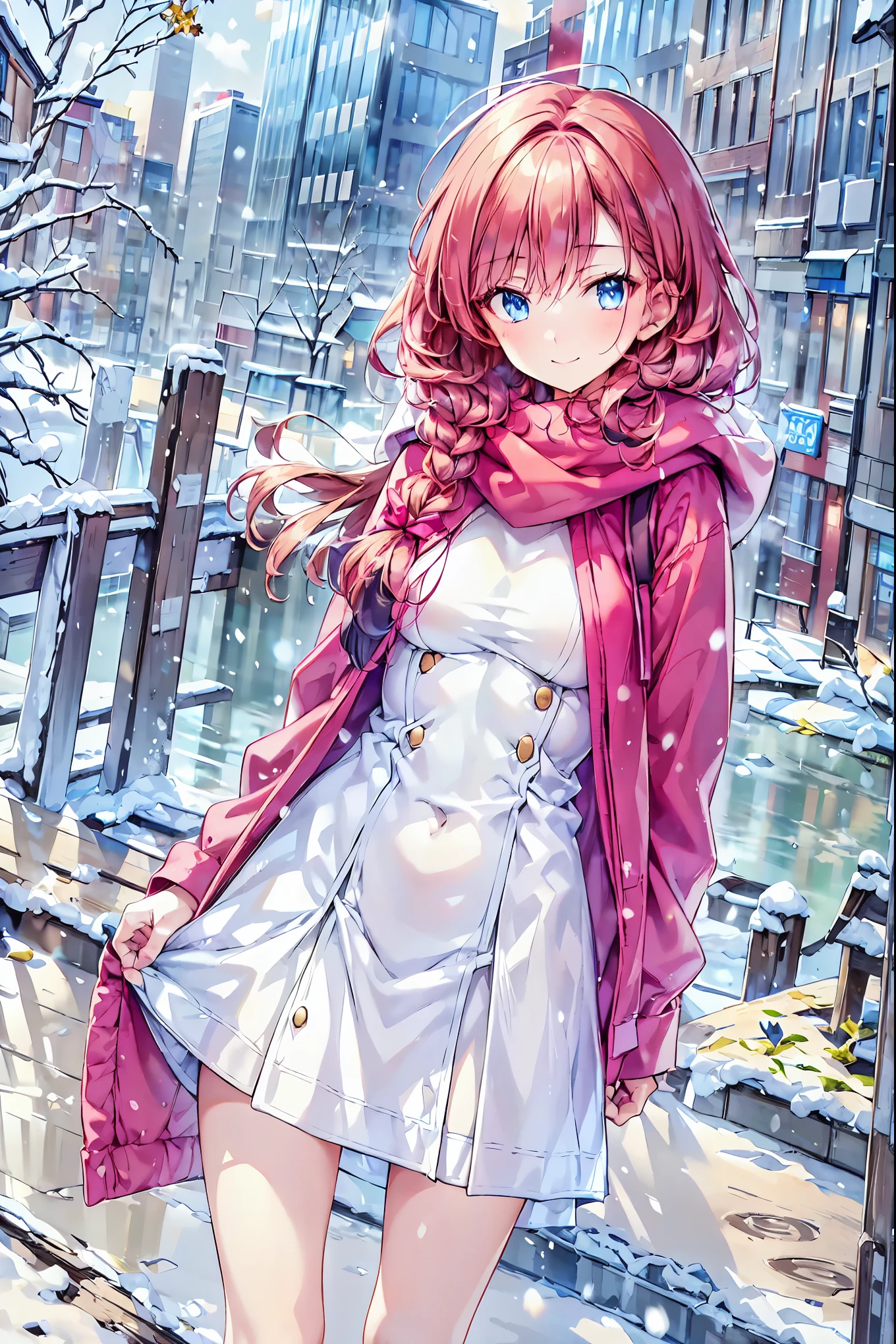 Winter clothes、Red coat、Bare legs、(  Top Quality ,masterpiece:1.3,   ultra high definition ),(   very detailed,   caustics,8k),(   realistic :1.4,RAW shooting),18 years old,   Japanese   ,   cute,  Looking at the camera and smiling   ,(   Focus on Face  :1.2),(   face close-up  :1.2),(Low position:1.3),(   low angle:1.4), brown hair，   shortcuts，   slender beauty   ，   messy hair，Cityscape， brown hair，  shortcuts，  tousled hair ， short braided hair，Neat，  slender beautiful woman ，Correct posture， small breasts，  Beautiful Legs，  Enchanting gray-blue eyes shine like stars，Droopy eyes，  bright color ,  beautiful eyes,A delicate smile, Textured Skin, BEST QUALITY BEST  ,   A Parody of a Gentle and Beautiful Woman  ,  anime style､