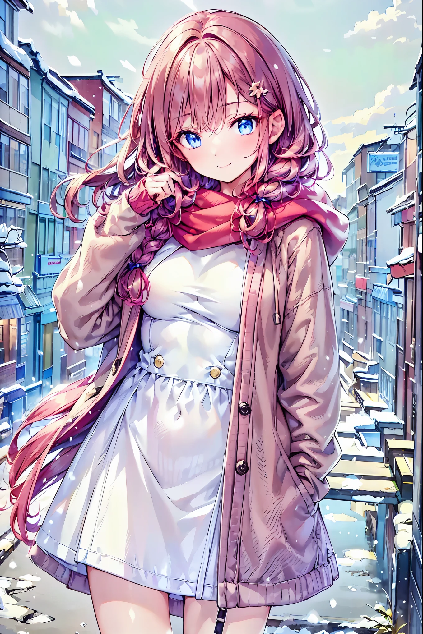 Winter clothes、Red coat、Bare legs、(  Top Quality ,masterpiece:1.3,   ultra high definition ),(   very detailed,   caustics,8k),(   realistic :1.4,RAW shooting),18 years old,   Japanese   ,   cute,  Looking at the camera and smiling   ,(   Focus on Face  :1.2),(   face close-up  :1.2),(Low position:1.3),(   low angle:1.4), brown hair，   shortcuts，   slender beauty   ，   messy hair，Cityscape， brown hair，  shortcuts，  tousled hair ， short braided hair，Neat，  slender beautiful woman ，Correct posture， small breasts，  Beautiful Legs，  Enchanting gray-blue eyes shine like stars，Droopy eyes，  bright color ,  beautiful eyes,A delicate smile, Textured Skin, BEST QUALITY BEST  ,   A Parody of a Gentle and Beautiful Woman  ,  anime style､