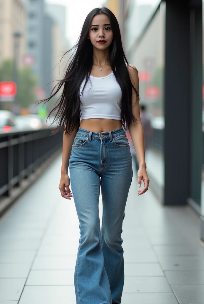 A Brazilian woman, brunette skin, flat hair, blackquality hair, long hair, height of 1,60, breasts small, Broad Hips, Waist slender, thick-thighs, with a white short-sleeved crop top, with wide leg jeans, nude colored mid-heel sandals, in sunglasses, a Prada bag, walking on a busy sidewalk in downtown New York.