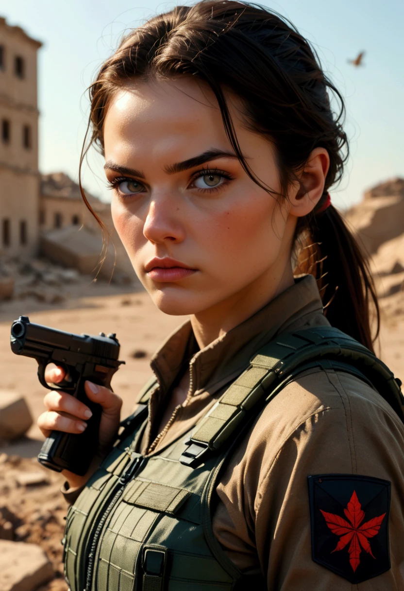 Caity_Lotz A woman , ponytail,beautiful eyes,beautiful hair,beautiful skin, pretty face,Serious, full body ,(apontando pistol:1.6),pistol,("FBI"),shirt, bulletproof vest black ,combat boots, Forster tactical black , tactical headset ,( The bottom is the rubble of the ruins),( Depth of field ),(dust dances  ),( dynamic:1.3),( Upper body ),(Close-up do cano da arma),(beautiful eyes),(hair in the wind:1.0),(firing a gun )