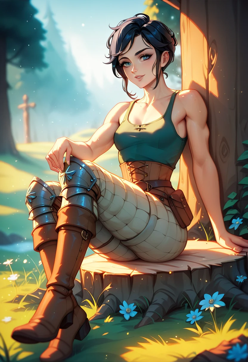 (solo, 1 fit girl, masterpiece, best quality, small breasts in fabric tank top) An illustration of a young woman in a medieval setting. She is sitting on a stump in the night forrest, resting in a cool and relaxed pose. The woman is slender with a well-defined fit build and super narrow wasp-waist. She has short black hair. Her eyes are grey, expressive, and have a grey hue. She is wearing a form-fitting black sleeveless tank top and armor on her thighs with detailed metal boots. Next to her lies a longsword with a simple yet elegant design, planted in the ground. The background consists of warm and cozy medieval war-camp with bonefire. The atmosphere is calm, with soft, diffused night lighting highlighting the details of her metallic armor pants and the textures of the rocks. Ensure the proportions of her body are realistic, and the pose conveys a dynamic yet relaxed feel.