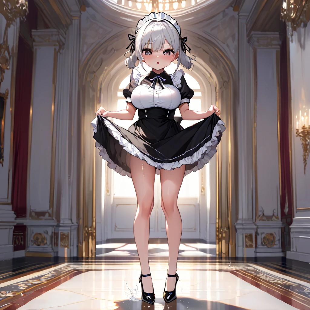 hall of royal palace, landscape, BREAK, beautiful detailed face, ultra high resolution, masterpiece, BREAK, (solo), skinny, (1 petite maid standing:1.2), tiptoe, curtsey, both hands lifting short skirt up to both sides, arched back, (bouncing breasts), looking at viewer, BREAK, (large breasts), (too short torso:1.2), (too short waist:1.2), (too narrow skinny waist:1.2), (skinny legs), (long legs), BREAK, black maid dress, (too short high-waist skirt), stiletto heels, BREAK, nsfw, (show off white panty), pussy juice, orgasm