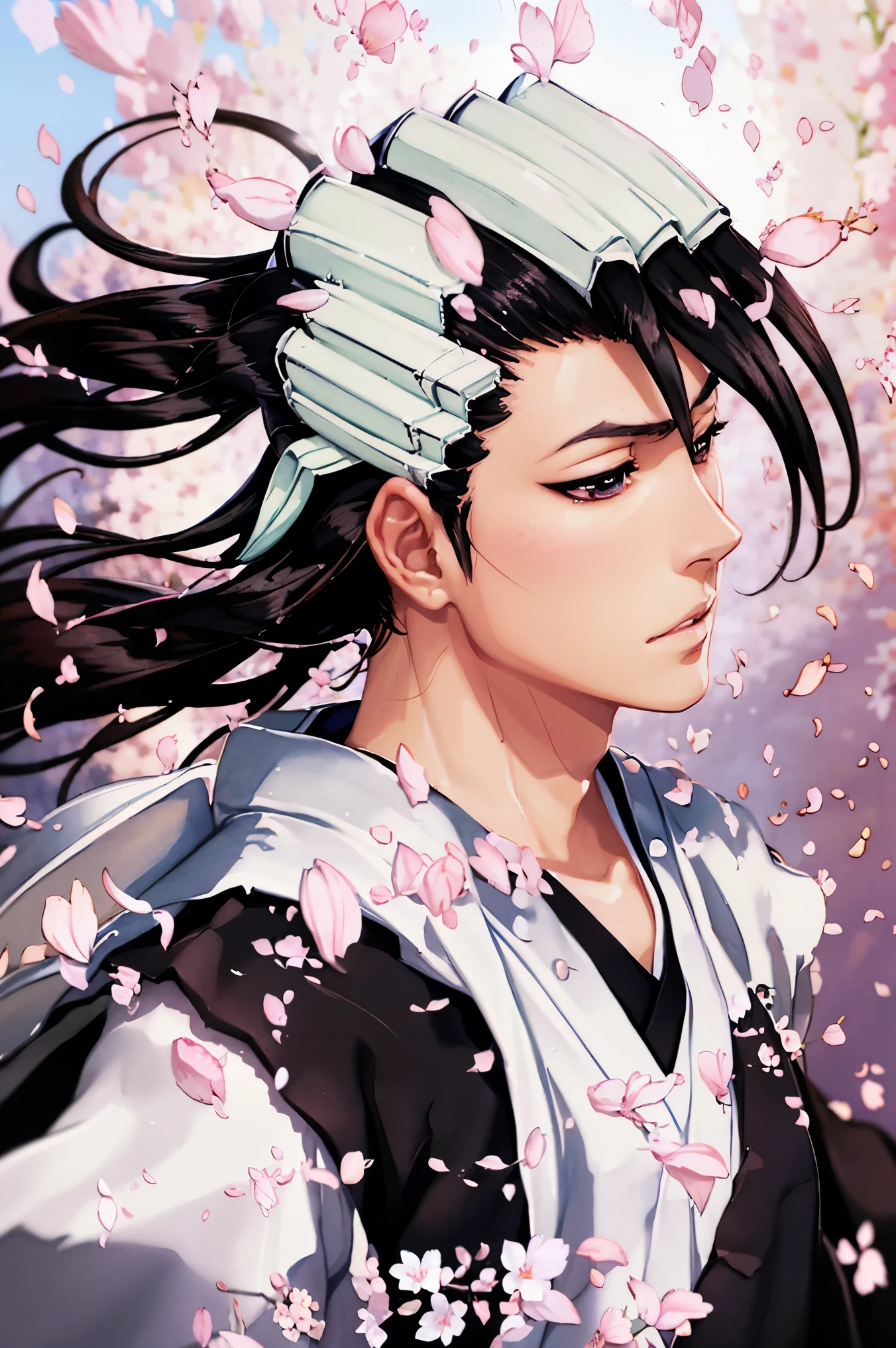 Senbonzakura ,  cherry blossoms fall from above,  profile background ,  dynamic ,  Japanese style, anime style