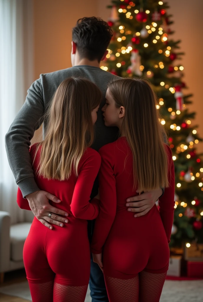 HEIC photo of a mother and father with their beautiful  younger daughters,  posing in the living room in front of a Christmas tree .  Father touches daughters' butts .  Daughters in tight red transparent dresses ,  Transparent tights .  Daughters look back at camera 