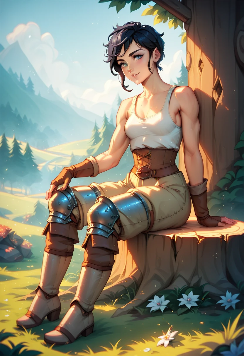 (solo, 1 fit girl, masterpiece, best quality, small breasts in fabric tank top) An illustration of a young woman in a medieval setting. She is sitting on a stump in the night forrest, resting in a cool and relaxed pose. The woman is slender with a well-defined fit build and super narrow wasp-waist. She has short black hair. Her eyes are grey, expressive, and have a grey hue. She is wearing a form-fitting black sleeveless tank top and armor on her thighs with detailed metal boots. Next to her lies a longsword with a simple yet elegant design, planted in the ground. The background consists of warm and cozy medieval war-camp with bonefire. The atmosphere is calm, with soft, diffused night lighting highlighting the details of her metallic armor pants and the textures of the rocks. Ensure the proportions of her body are realistic, and the pose conveys a dynamic yet relaxed feel.