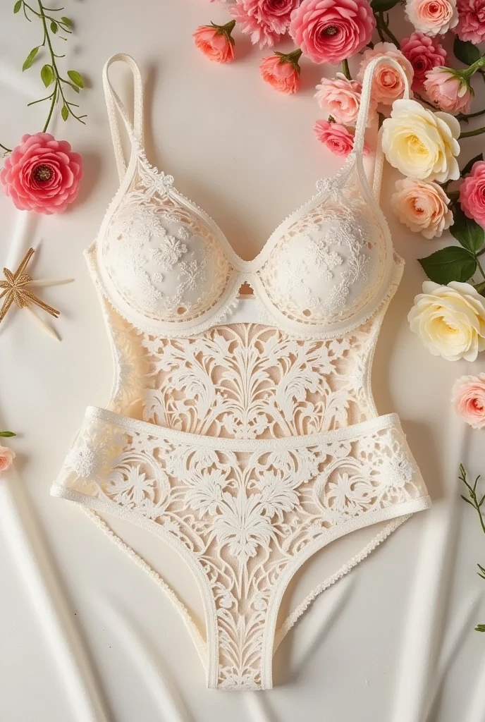 A charming transparent lace onepiece set ,  is placed on a casual style bed  ,  takes center stage . , a 32B  , Has a delicate white tone，, .  The  that comes with  , ， is 80 cm  , The overall effect created by the reflected flower pattern  , The overall effect created .  The image is taken from a bird's-eye view  ,  invites you to take a glimpse of the intimate scene  