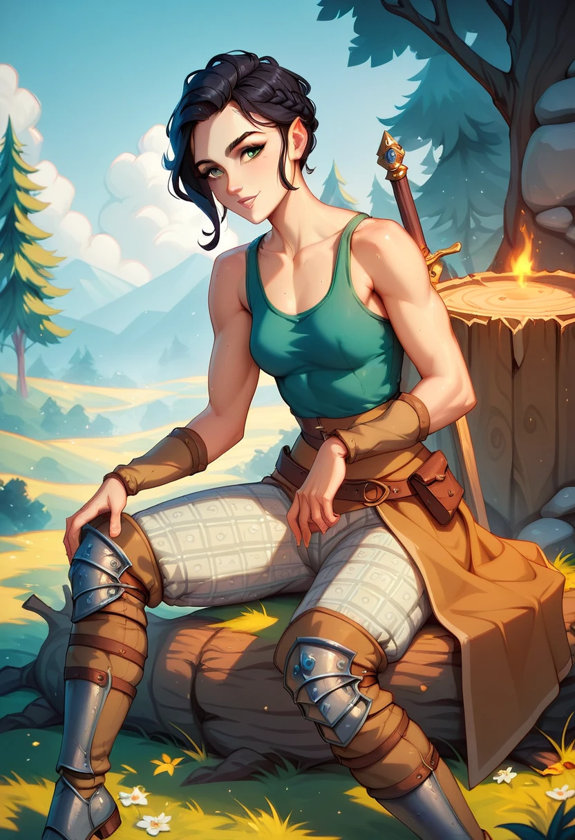 (solo, 1 fit girl, masterpiece, best quality, small breasts in fabric tank top) An illustration of a young woman in a medieval setting. She is sitting on a stump in the night forrest, resting in a cool and relaxed pose. The woman is slender with a well-defined fit build and super narrow wasp-waist. She has short black hair. Her eyes are grey, expressive, and have a grey hue. She is wearing a form-fitting black sleeveless tank top and armor on her thighs with detailed metal boots. Next to her lies a longsword with a simple yet elegant design, planted in the ground. The background consists of warm and cozy medieval war-camp with bonefire. The atmosphere is calm, with soft, diffused night lighting highlighting the details of her metallic armor pants and the textures of the rocks. Ensure the proportions of her body are realistic, and the pose conveys a dynamic yet relaxed feel.