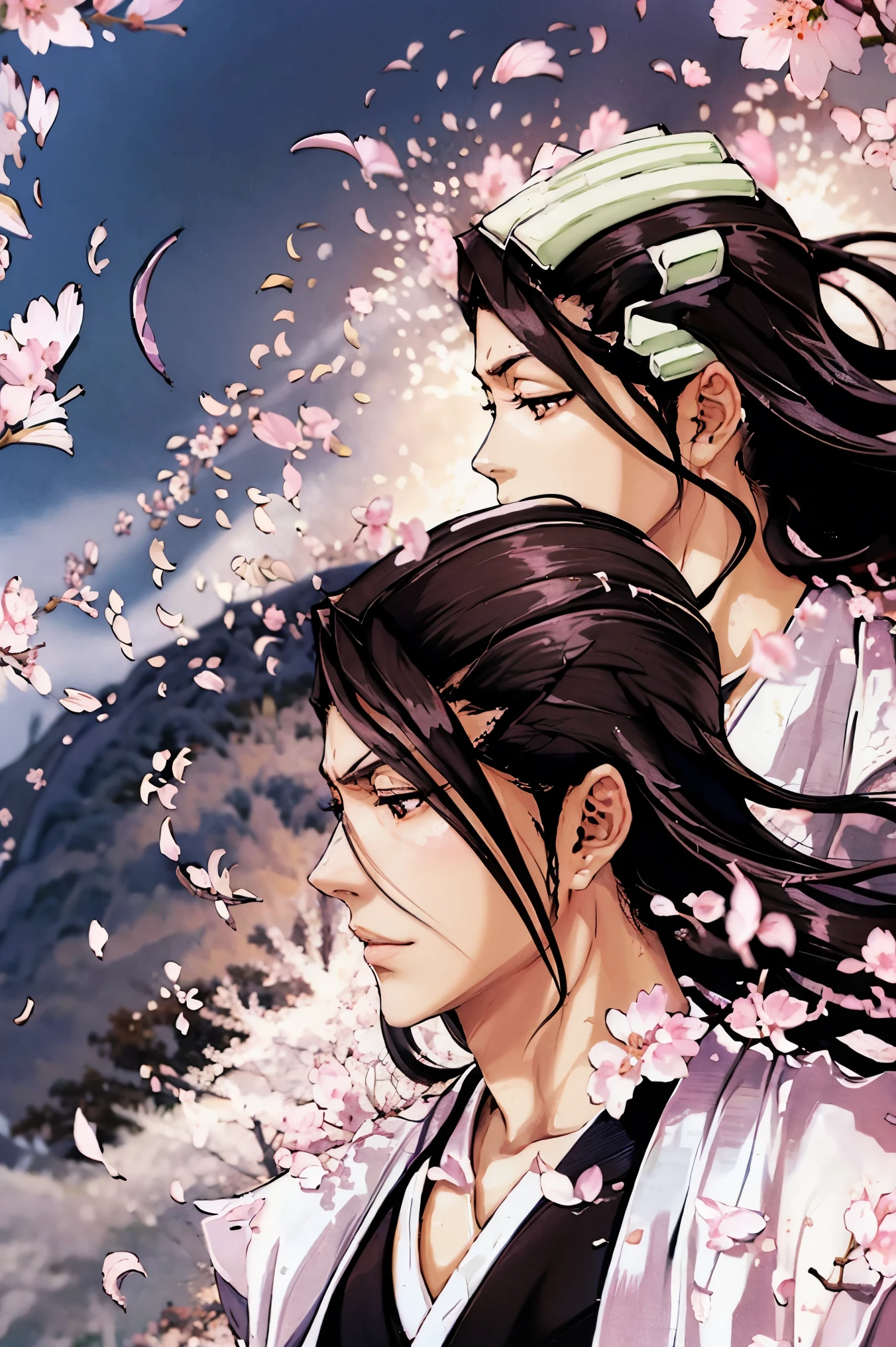 Senbonzakura ,  cherry blossoms fall from above,  profile background ,  dynamic ,  Japanese style, anime style