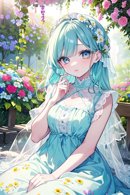 masutepiece, Best Quality, Official art, (1girl in), ighly detailed,(((masterpiece)))、((ultra-detailliert、top-quality、hight resolution、Cinematographic lighting))、fullllbody、From above、Fulll body Shot (女の子1人)(rainbow-colored hair、colourful hair、Half blue and half pink hair:1.2)(with two sides up)(green colored eyes)、eyeshadows、eye liner、Glow Eye、Hyper Detail Eye、intricate eyes、beautidful eyes、((Glowing blue pupil))18 year old girl、seducting smile、Detailed, crimson light, Detailed background, Pink rose field, white sundress, Scary clouds, light Particle, Sitting on roses,