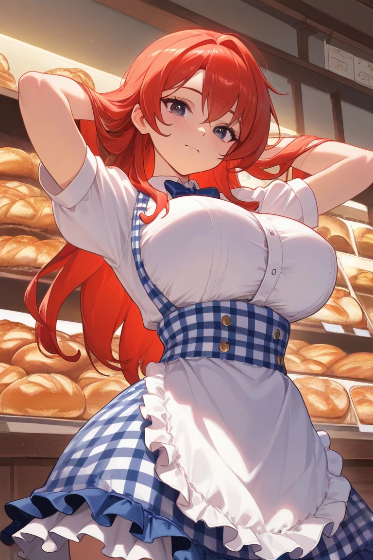   Top Quality , masterpiece,   Kylie Lightmash   , Alone,   ( single girl working at a bakery  ) ,   dark eyes、 big boobs、(  white blouse with wing collar 　Blue bow tie）,( Blue and White Gingham Plaid　 high waisted apron without breastplate),(blue curly skirt),     Bright Red Hair   ,    cute,  