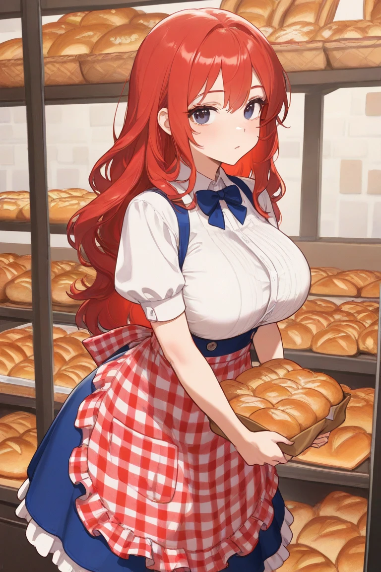   Top Quality , masterpiece,   Kylie Lightmash   , Alone,   ( single girl working at a bakery  ) ,   dark eyes、 big boobs、(  white blouse with wing collar 　Blue bow tie）,( Blue and White Gingham Plaid　 high waisted apron without breastplate),(blue curly skirt),     Bright Red Hair   ,    cute,  