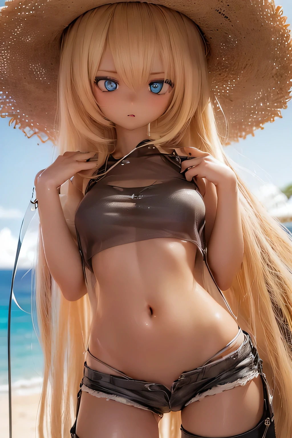 NSFW, photorealistic, realistic photo, 8k, Canon EOS, ((highest quality)), ((masterpiece)), (extremely detailed), kukolnydom, doll, shiny skin, (dark skin:2), (stylish pose, beach, straw hat, see-through camisole, shorts, mature woman, 21yo, 21_years_old, solo:1.6), (medium breasts, parted lips, blonde hair, long hair, two side up, looking away, blank stare, blue eyes, glass eyes, shining eyes, detailed face:1.3)