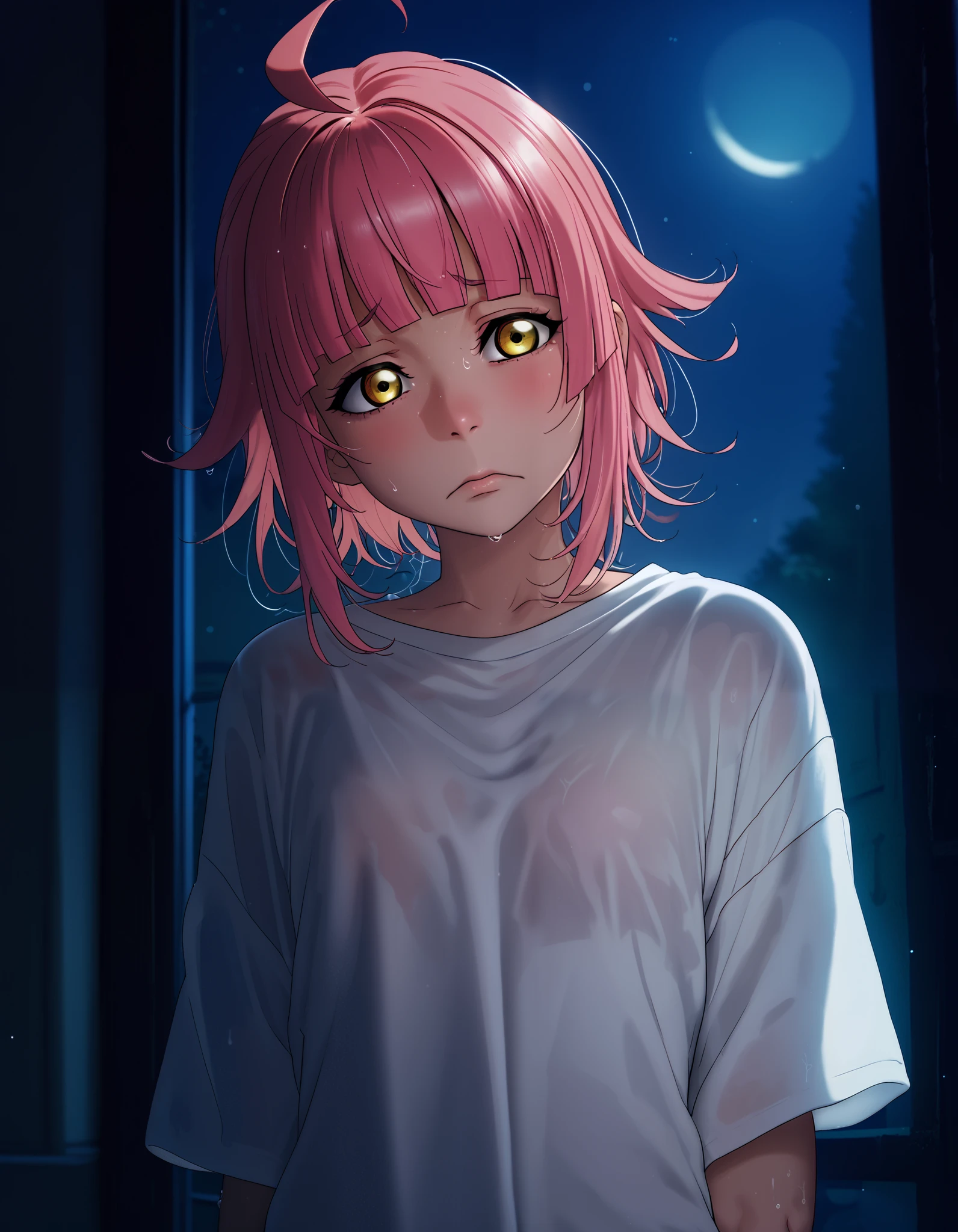 perfect lighting, perfect shadows, tennouji rina, pink hair, yellow eyes, ahoge, medium hair, blunt bangs, moist skin,RUKIA Style,shy , night, baggy, white shirt