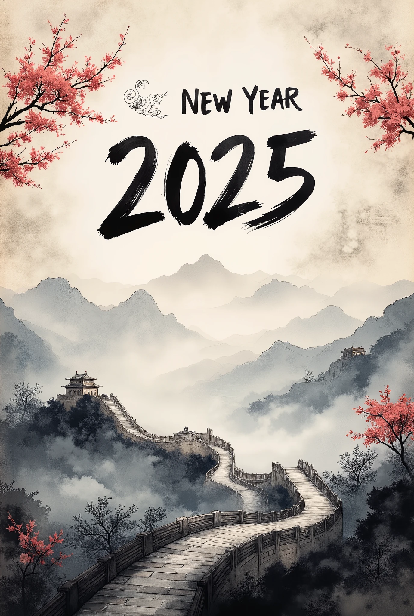 (masterpiece:1.2,EXCEPTIONAL QUALITY  ,Mirror Finish  ,  CINEMATIC EXPERIENCE  ,  best illustration:2.0),  ultra high definition ,  very detailed ,8k,16k, wallpaper,(  new year poster :2.0),(Ink Painting:2.0),(Great Wall:2.0),("NEW YEAR 2025"Write the text of with a brush:2.0),( Dynamic:2.0),( minimalist:2.0),(  simple design  :2.0),( has a white background:2.0),( black and white:2.0)