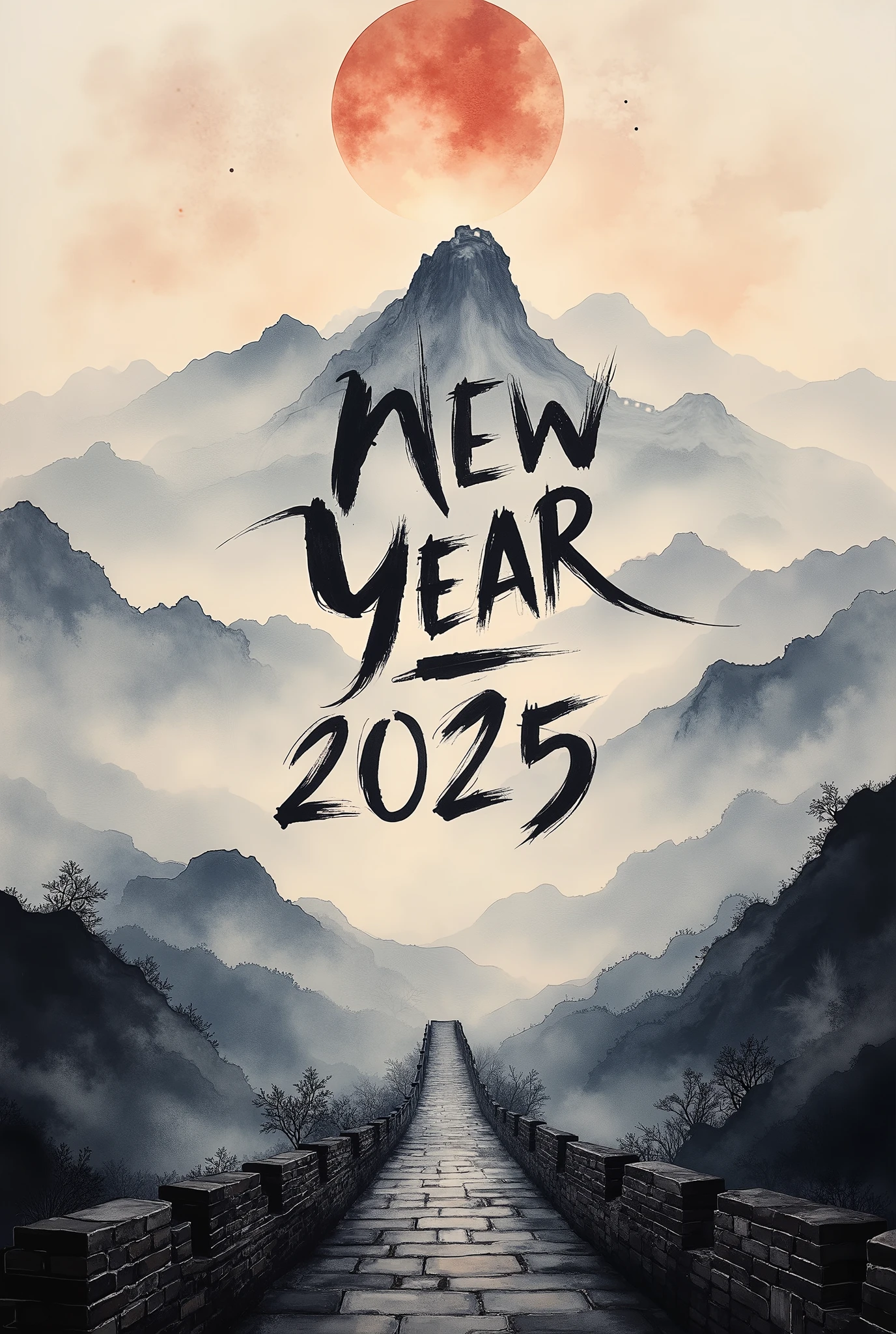 (masterpiece:1.2,EXCEPTIONAL QUALITY  ,Mirror Finish  ,  CINEMATIC EXPERIENCE  ,  best illustration:2.0),  ultra high definition ,  very detailed ,8k,16k, wallpaper,(  new year poster :2.0),(Ink Painting:2.0),(Great Wall:2.0),("NEW YEAR 2025"Write the text of with a brush:2.0),( Dynamic:2.0),( minimalist:2.0),(  simple design  :2.0),( has a white background:2.0),( black and white:2.0)