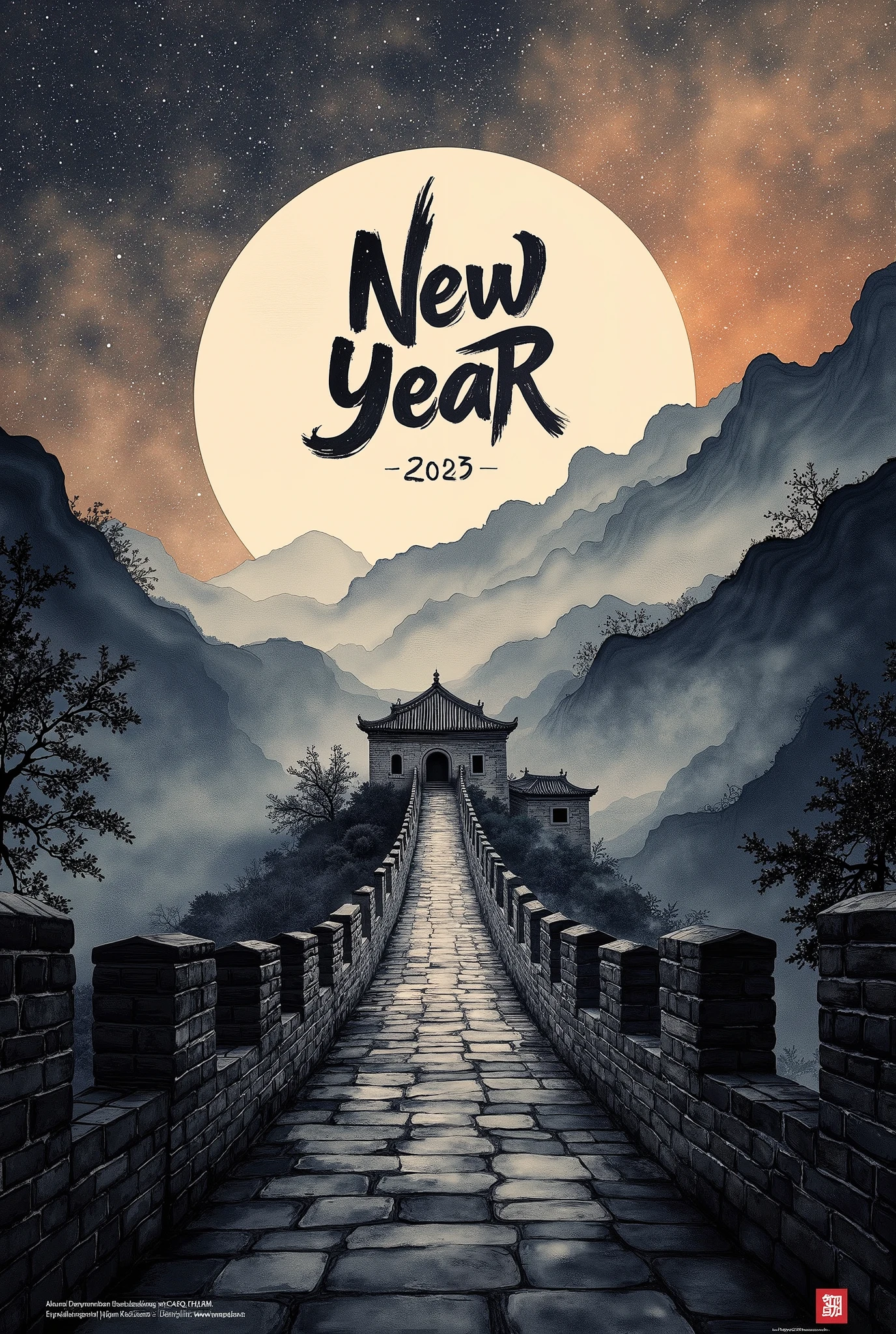 (masterpiece:1.2,EXCEPTIONAL QUALITY  ,Mirror Finish  ,  CINEMATIC EXPERIENCE  ,  best illustration:2.0),  ultra high definition ,  very detailed ,8k,16k, wallpaper,(  new year poster :2.0),(Ink Painting:2.0),(Great Wall:2.0),("NEW YEAR 2025"Write the text of with a brush:2.0),( Dynamic:2.0),( minimalist:2.0),(  simple design  :2.0),( has a white background:2.0),( black and white:2.0)