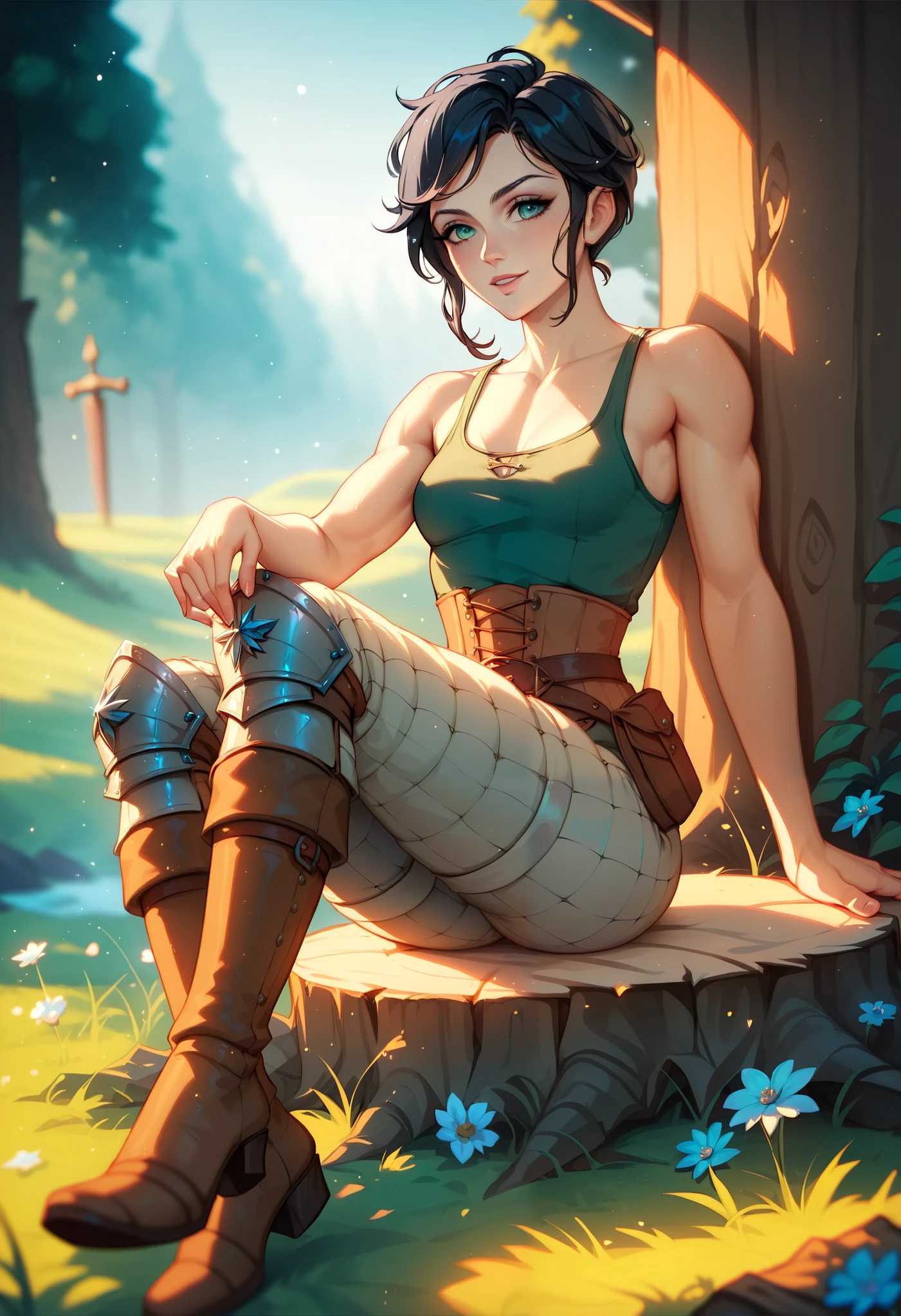 (solo, 1 fit girl, masterpiece, best quality, small breasts in fabric tank top) An illustration of a young woman in a medieval setting. She is sitting on a stump in the night forrest, resting in a cool and relaxed pose. The woman is slender with a well-defined fit build and super narrow wasp-waist. She has short black hair. Her eyes are grey, expressive, and have a grey hue. She is wearing a form-fitting black sleeveless tank top and armor on her thighs with detailed metal boots. Next to her lies a longsword with a simple yet elegant design, planted in the ground. The background consists of warm and cozy medieval war-camp with bonefire. The atmosphere is calm, with soft, diffused night lighting highlighting the details of her metallic armor pants and the textures of the rocks. Ensure the proportions of her body are realistic, and the pose conveys a dynamic yet relaxed feel.