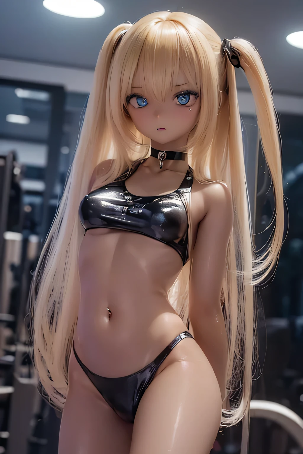 NSFW, photorealistic, realistic photo, 8k, Canon EOS, ((highest quality)), ((masterpiece)), (extremely detailed), kukolnydom, doll, shiny skin, (dark skin:2), (acrobatic pose,gym, choker, gymnastics, mature woman, 21yo, 21_years_old, solo:1.6), (medium breasts, parted lips, blonde hair, long hair, two side up, looking away, blank stare, blue eyes, glass eyes, shining eyes, detailed face:1.3)