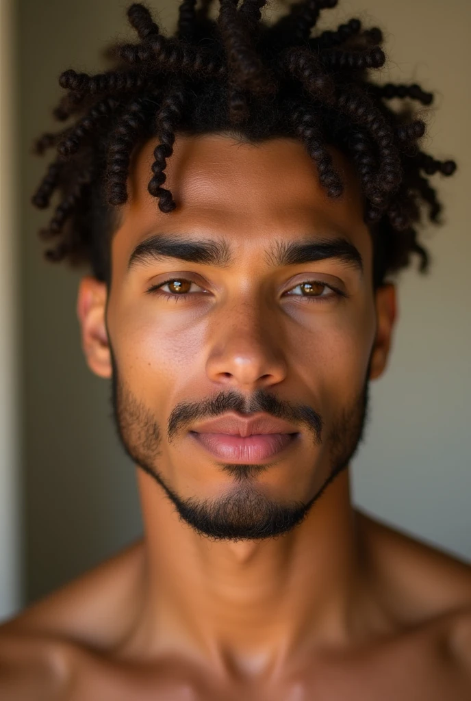 Light brown guy with curly hair shirtless selfie tattoo on right forearm