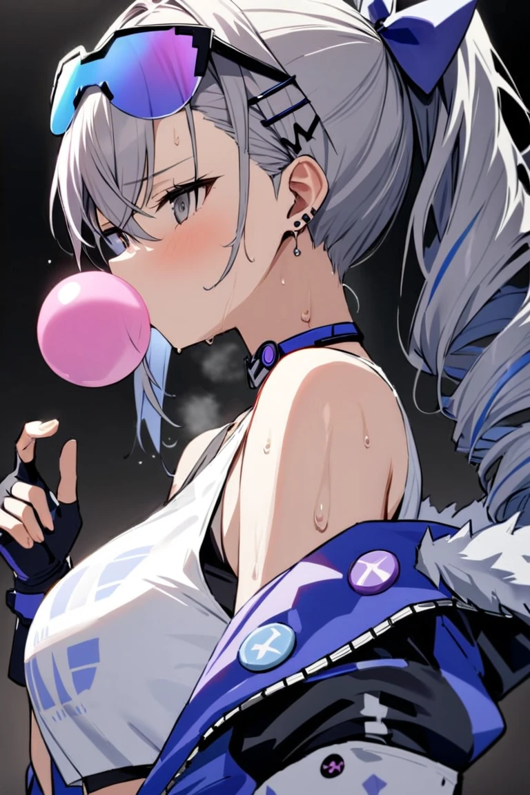 (masterpiece:1.2), ハイパー Details,  top quality, ( complicated_ Details:1.1), 美しい Detailsな,  beautiful hair, Alone, One Girl , Watch Viewers , silver wolf , shirt,  hair accessory,  gloves,  clevis on a stone, bare shoulders,   jewelry, Big Breasts,  jacket,  hair bow, white  shirt,  earrings,  Open clothes, Sleeveless,  choker , black  gloves,  hair clip, fingerless  gloves, sides, off shoulder,  stomach, open  jacket,  crop top, Sleeveless  shirt,  Sunglasses ,  glasses on the head, Blowing bubbles, Chewing gum, young girl,shoulder, upper body,hand holding  jacket, Sweating,  heavy breathing, steam,open  jacket,greasy shoulder,from below, Look Down, inverted hair,side,greasy side,from side, shoulder focus, wet close ,((side focus)),bare shoulder,