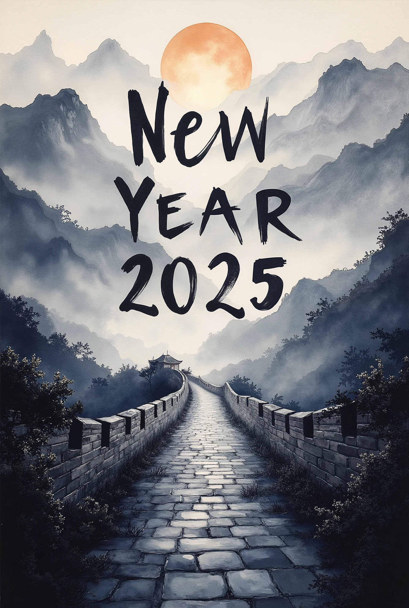 (masterpiece:1.2,EXCEPTIONAL QUALITY  ,Mirror Finish  ,  CINEMATIC EXPERIENCE  ,  best illustration:2.0),  ultra high definition ,  very detailed ,8k,16k, wallpaper,(  new year poster :2.0),(Ink Painting:2.0),(Great Wall:2.0),("NEW YEAR 2025"Write the text of with a brush:2.0),( Dynamic:2.0),( minimalist:2.0),(  simple design  :2.0),( has a white background:2.0),( black and white:2.0)