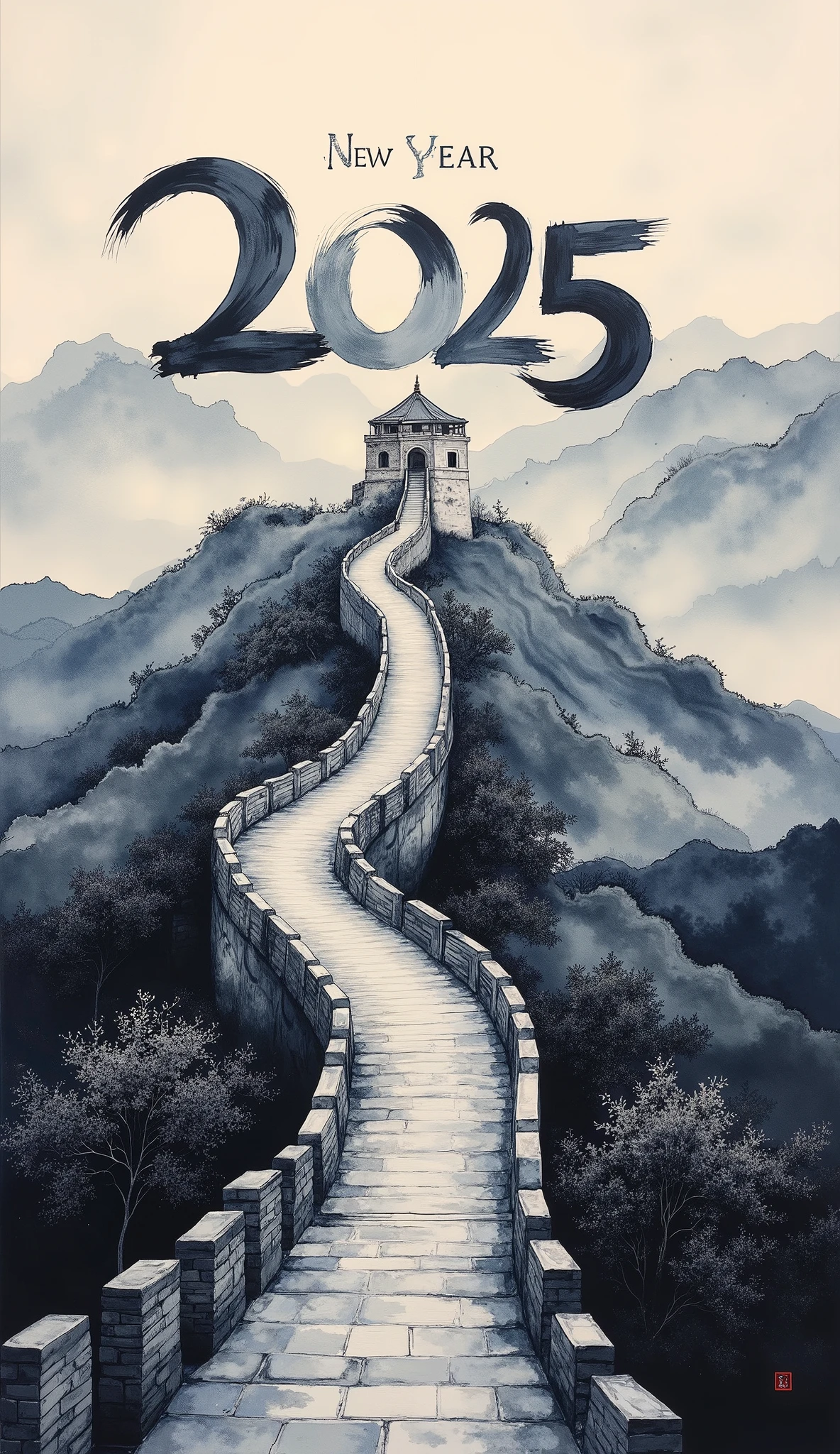 (masterpiece:1.2,EXCEPTIONAL QUALITY  ,Mirror Finish  ,  CINEMATIC EXPERIENCE  ,  best illustration:2.0),  ultra high definition ,  very detailed ,8k,16k, wallpaper,(  new year poster :2.0),(Ink Painting:2.0),(Great Wall:2.0),("NEW YEAR 2025"Write the text of with a brush:2.0),( Dynamic:2.0),( minimalist:2.0),(  simple design  :2.0),( has a white background:2.0),( black and white:2.0)