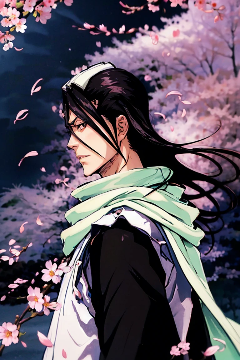  The long plan ,  the figure of a man ,  kind of behind,  back view , kuchiki byakuya  ( anime character from anime bleach),  handsome man ,  Elegance , Confident,  dramatic composition ,  long black hair , flowing white scarf ,  black and white outfit , night sky,  flying sakura flowers  ( around character ),  mysterious atmosphere ,  cinematic perspective, no face ( no face visible), face in the shadow , face hidden by hair ,  Anime style 