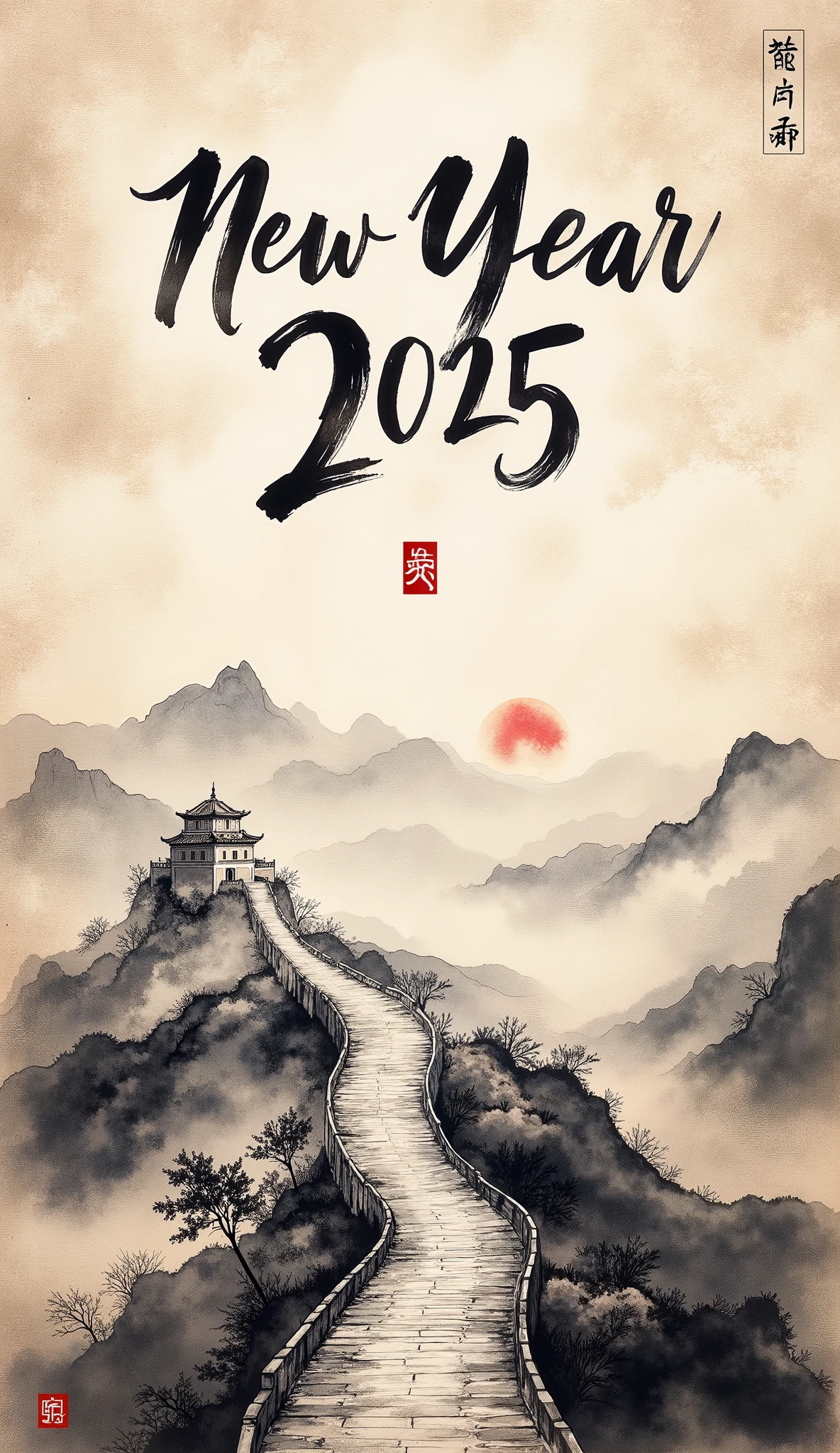 (masterpiece:1.2,EXCEPTIONAL QUALITY  ,Mirror Finish  ,  CINEMATIC EXPERIENCE  ,  best illustration:2.0),  ultra high definition ,  very detailed ,8k,16k, wallpaper,(  new year poster :2.0),(Ink Painting:2.0),(Great Wall:2.0),("NEW YEAR 2025"Write the text of with a brush:2.0),( Dynamic:2.0),( minimalist:2.0),(  simple design  :2.0),( has a white background:2.0),( black and white:2.0)