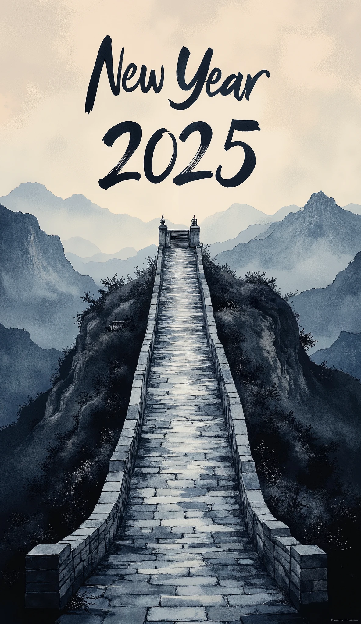 (masterpiece:1.2,EXCEPTIONAL QUALITY  ,Mirror Finish  ,  CINEMATIC EXPERIENCE  ,  best illustration:2.0),  ultra high definition ,  very detailed ,8k,16k, wallpaper,(  new year poster :2.0),(Ink Painting:2.0),(Great Wall:2.0),("NEW YEAR 2025"Write the text of with a brush:2.0),( Dynamic:2.0),( minimalist:2.0),(  simple design  :2.0),( has a white background:2.0),( black and white:2.0)