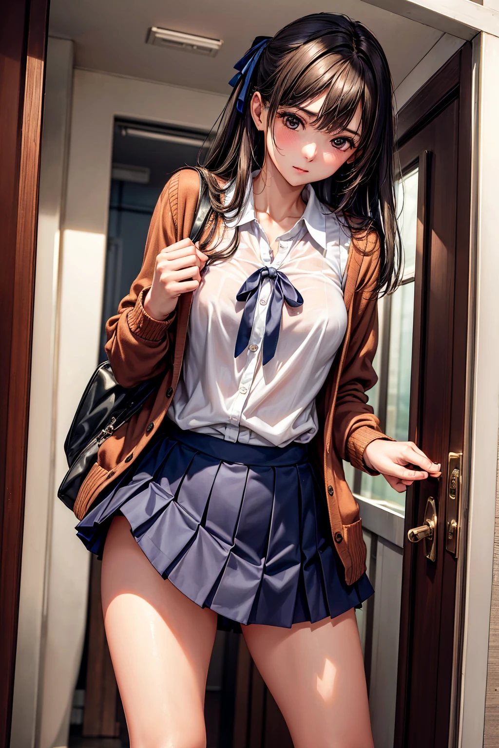 ((Browsing Caution:1.4, masterpiece, highest quality, High resolution, 超High resolution, Perfect Pixel, Depth of written boundary, 4K, RTTX 10.0, High resolution))), (One girl:1.3), Beautiful Anime Girls, Beautiful art style, Anime characters, ((Long Hair, bangs, Dark brown hair, ponytail)), ((Beautiful eyelashes)), ((Detailed face, Blushing:1.2)), ((Smooth texture, Realistic texture, Anime CG Style)), Perfect body, Slender body, Beautiful and big breasts, (Adult women), (Beige cardigan, White shirt, Red ribbon, Checkered pleated skirt:1.2), Angle from the front, ((Lingerie Shop:1.1)), (Lift up your skirt yourself:1.2), ((Stylish and sexy pink satin panties:1.2), (Pink lace side-tie panties:1.2)), Beautiful thighs, Embarrassed look