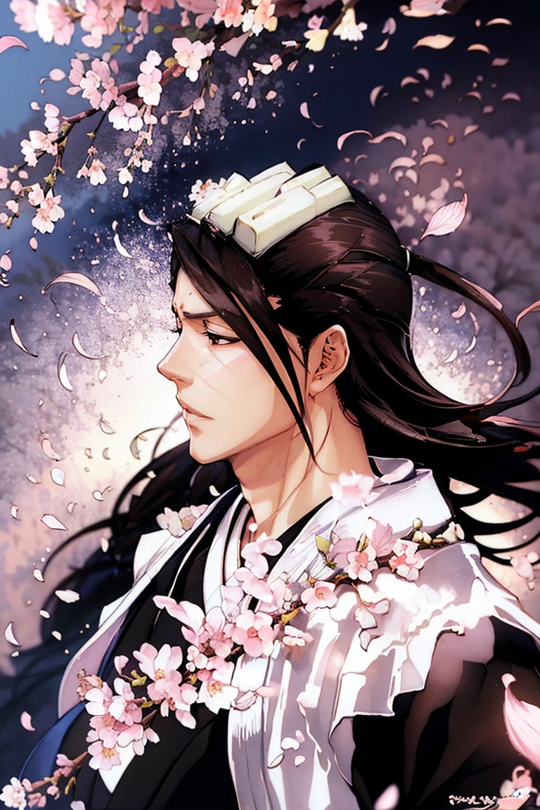 Senbonzakura ,  cherry blossoms fall from above,  profile background ,  dynamic ,  Japanese style, anime style