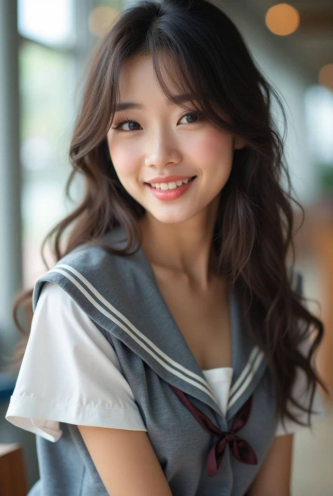 Slim but trained asian teen with biger boobs in a to smal school uniform. Leaning over a table