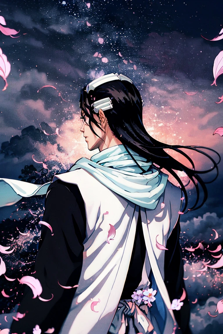  The long plan ,  the figure of a man ,  kind of behind,  back view , kuchiki byakuya  ( anime character from anime bleach ),  handsome man ,  Elegance , Confident,  dramatic composition ,  long black hair , flowing white scarf ,  black and white outfit , night sky,  flying sakura flowers  ( around character ),  mysterious atmosphere ,  cinematic perspective, no face ( no face visible), face in the shadow , face hidden by hair ,  Anime style 