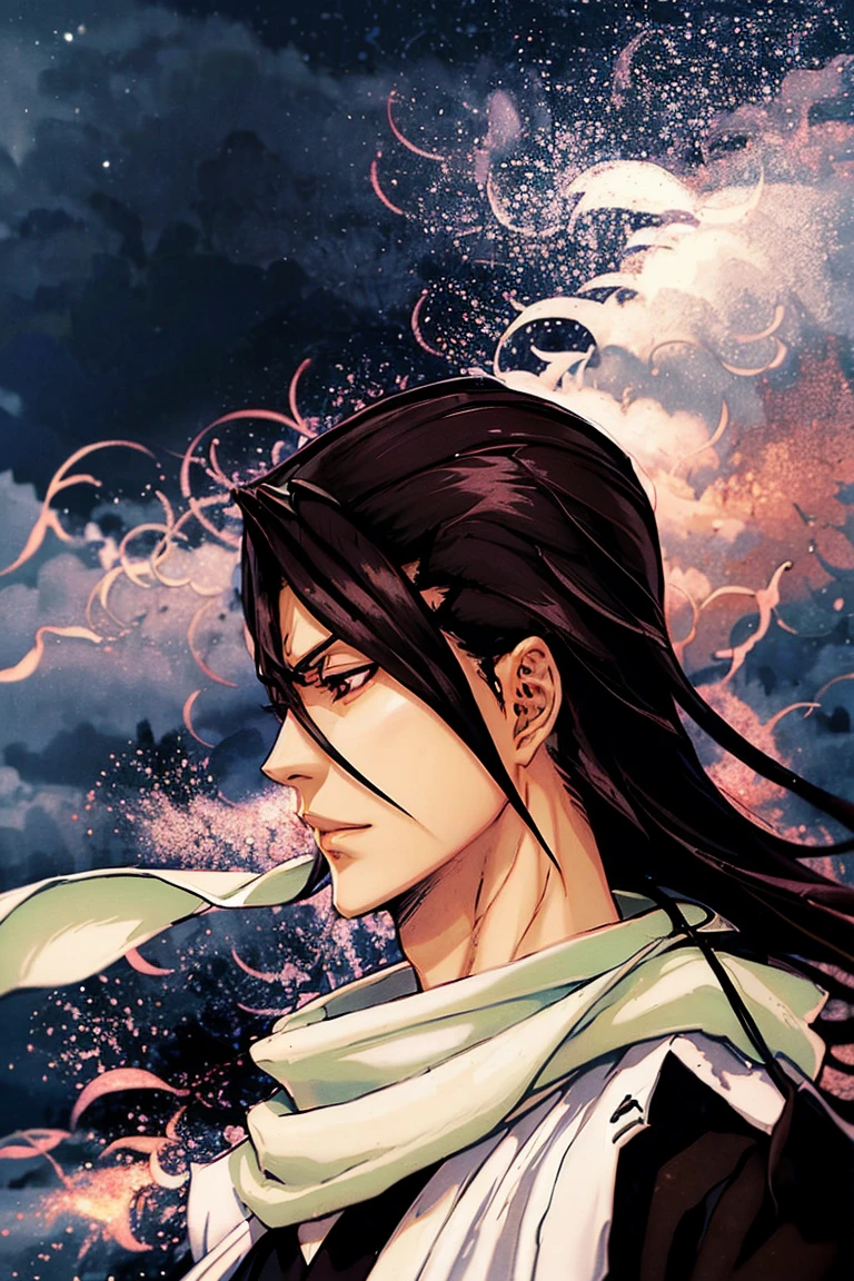  The long plan ,  the figure of a man ,  kind of behind,  back view , kuchiki byakuya  ( anime character from anime bleach ),  handsome man ,  Elegance , Confident,  dramatic composition ,  long black hair , flowing white scarf ,  black and white outfit , night sky,  flying sakura flowers  ( around character ),  mysterious atmosphere ,  cinematic perspective, no face ( no face visible), face in the shadow , face hidden by hair ,  Anime style 