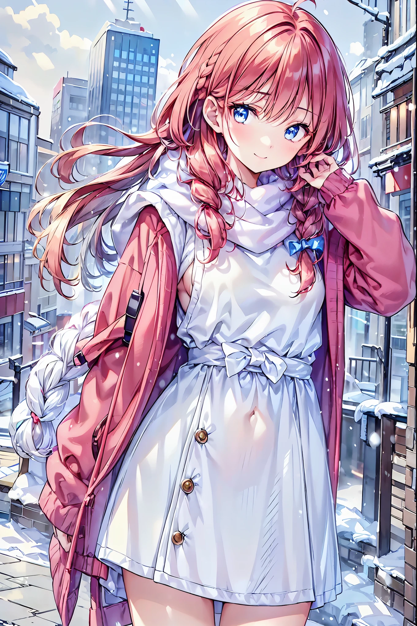 Winter clothes、Red coat、Bare legs、(  Top Quality ,masterpiece:1.3,   ultra high definition ),(   very detailed,   caustics,8k),(   realistic :1.4,RAW shooting),18 years old,   Japanese   ,   cute,  Looking at the camera and smiling   ,(   Focus on Face  :1.2),(   face close-up  :1.2),(Low position:1.3),(   low angle:1.4), brown hair，   shortcuts，   slender beauty   ，   messy hair，Cityscape， brown hair，  shortcuts，  tousled hair ， short braided hair，Neat，  slender beautiful woman ，Correct posture， small breasts，  Beautiful Legs，  Enchanting gray-blue eyes shine like stars，Droopy eyes，  bright color ,  beautiful eyes,A delicate smile, Textured Skin, BEST QUALITY BEST  ,   A Parody of a Gentle and Beautiful Woman  ,  anime style､