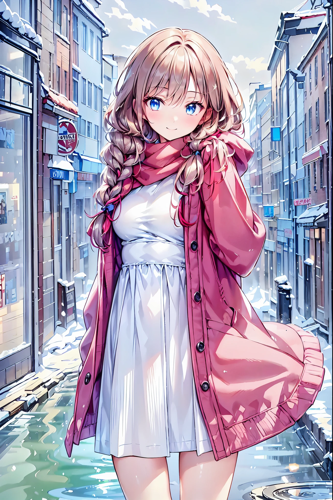 Winter clothes、Red coat、Bare legs、(  Top Quality ,masterpiece:1.3,   ultra high definition ),(   very detailed,   caustics,8k),(   realistic :1.4,RAW shooting),18 years old,   Japanese   ,   cute,  Looking at the camera and smiling   ,(   Focus on Face  :1.2),(   face close-up  :1.2),(Low position:1.3),(   low angle:1.4), brown hair，   shortcuts，   slender beauty   ，   messy hair，Cityscape， brown hair，  shortcuts，  tousled hair ， short braided hair，Neat，  slender beautiful woman ，Correct posture， small breasts，  Beautiful Legs，  Enchanting gray-blue eyes shine like stars，Droopy eyes，  bright color ,  beautiful eyes,A delicate smile, Textured Skin, BEST QUALITY BEST  ,   A Parody of a Gentle and Beautiful Woman  ,  anime style､